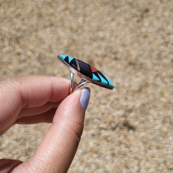 Zuni Multi Stones Diamond Shape Sterling Silver Native American Jewelry Sz 6.5US - Picture 9 of 13